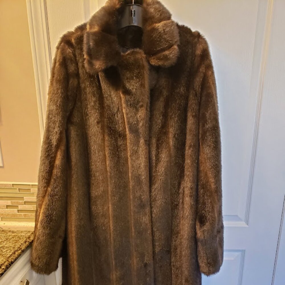 Vintage Full Length Brown Faux Fur Coat
